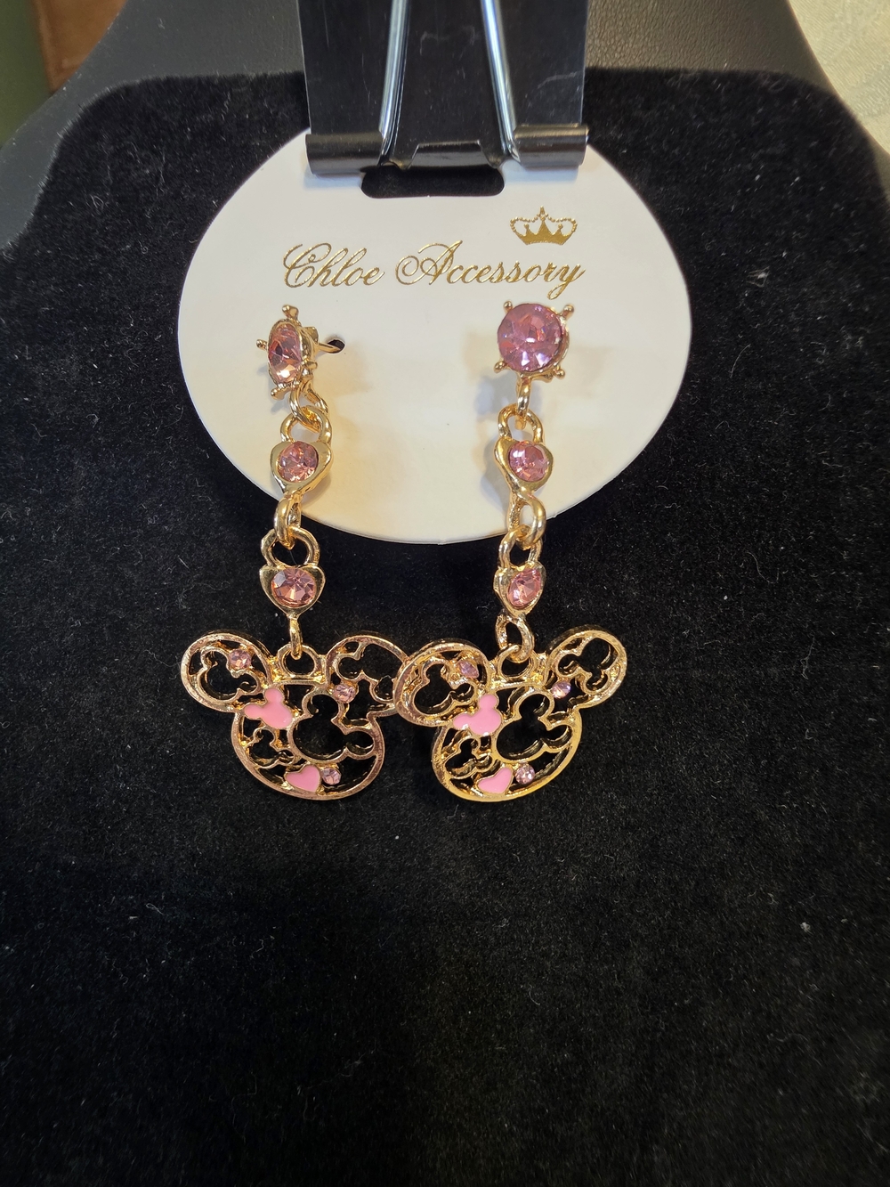 #307 Pink Crystal Drop Dangle Mickey Earrings - Gold Tone